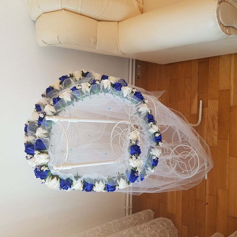 Fashion, accesorii si bijuterii - Copii - Articole botez - Trusouri si accesorii botez - Tul pentru decor cristelnita, trandafiri sapun albastrii si albi, 230 cm - Infinity.ro