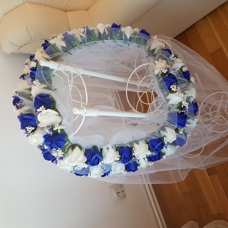 Fashion, accesorii si bijuterii - Copii - Articole botez - Trusouri si accesorii botez - Tul pentru decor cristelnita, trandafiri sapun albastrii si albi, 230 cm - Infinity.ro
