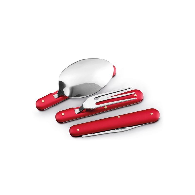 Sport si Outdoor - Camping - Cutite, bricege si accesorii - Cutite si bricege - Set 3 tacamuri pliabile, lingura, furculita, cutit, otel inoxidabil, 17 cm, rosu, husa - Infinity.ro