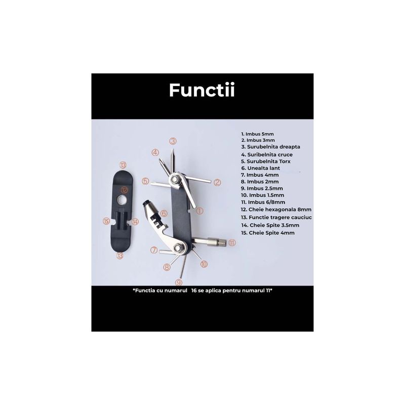 Sport si Outdoor - Ciclism - Accesorii pentru biciclete - Articole vulcanizare biciclete - Kit Unealta multifunctionala, 16 in 1 , Pentru Bicicleta,  9.2x4.2x3cm - Infinity.ro
