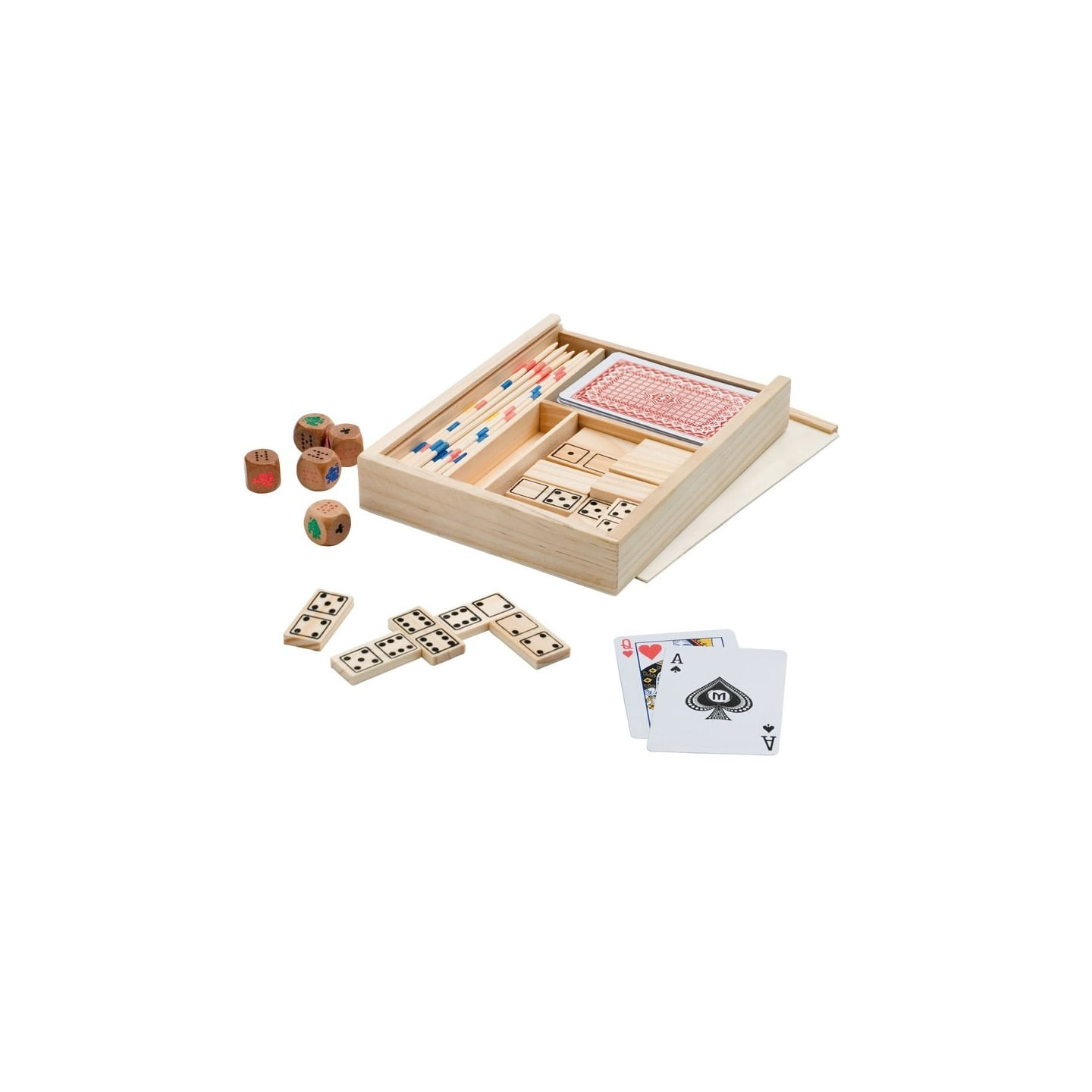 jocuri de familie 4 in 1, incutie din lemn, domino, mikado si carti