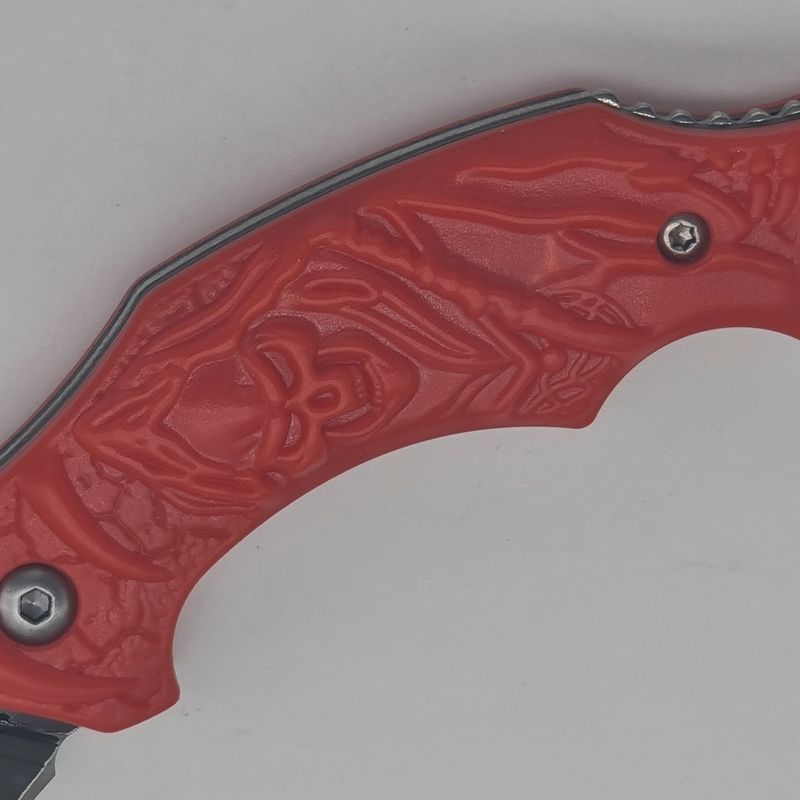 Sport si Outdoor - Camping - Cutite, bricege si accesorii - Cutite si bricege - Cutit talon, model craniu, rosu, 13 cm - Infinity.ro