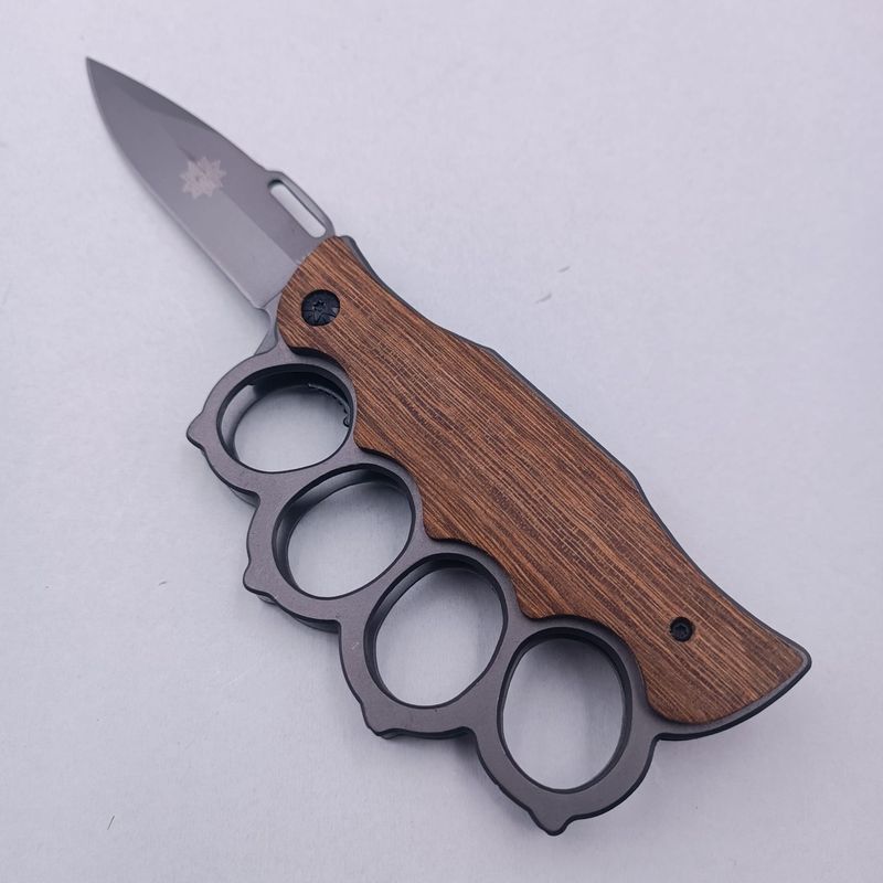 Sport si Outdoor - Camping - Cutite, bricege si accesorii - Cutite si bricege - Cutit Pumnal cu Deschidere pe Buton, Prindere Curea, Maner Lemn, Otel, 21 cm - Infinity.ro