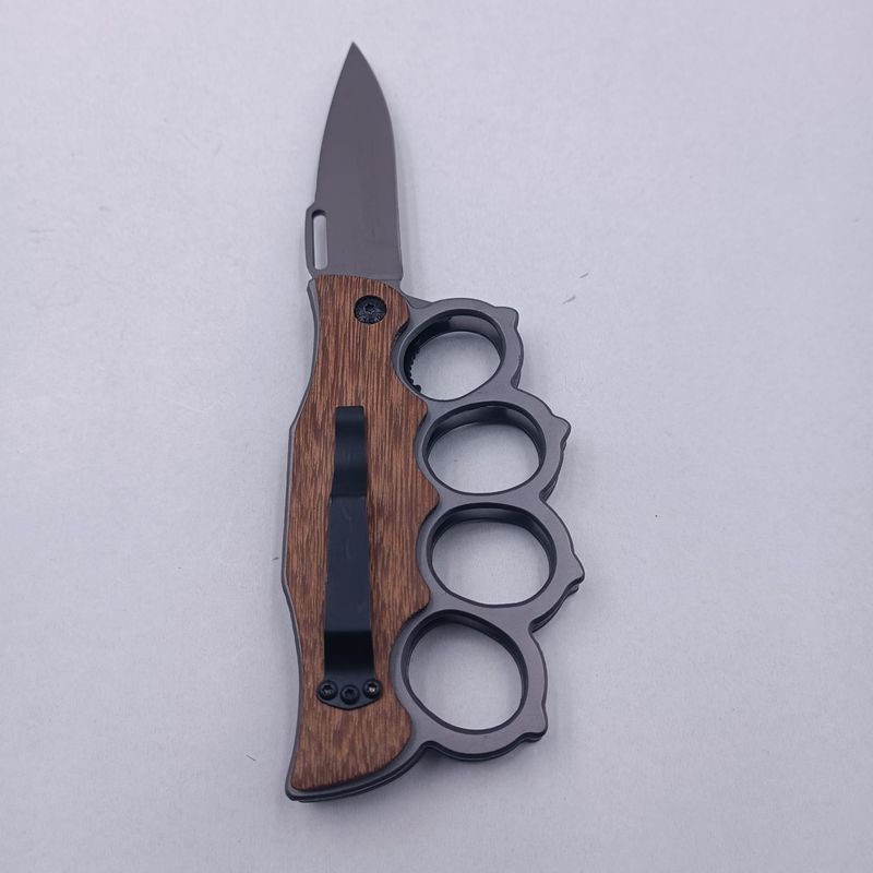 Sport si Outdoor - Camping - Cutite, bricege si accesorii - Cutite si bricege - Cutit Pumnal cu Deschidere pe Buton, Prindere Curea, Maner Lemn, Otel, 21 cm - Infinity.ro