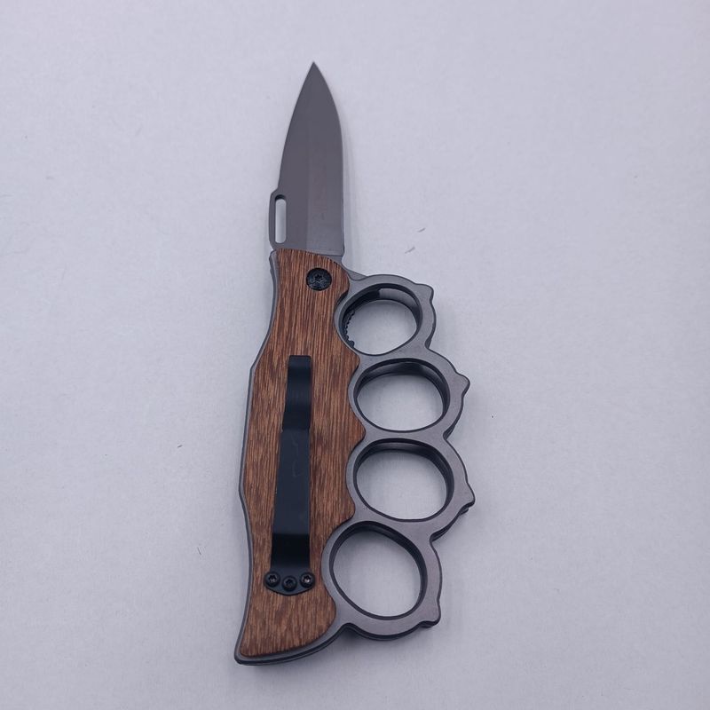 Sport si Outdoor - Camping - Cutite, bricege si accesorii - Cutite si bricege - Cutit Pumnal cu Deschidere pe Buton, Prindere Curea, Maner Lemn, Otel, 21 cm - Infinity.ro