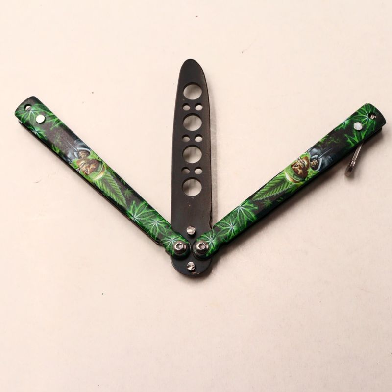 Sport si Outdoor - Camping - Cutite, bricege si accesorii - Cutite si bricege - Cutit Fluture Fara Tais, Model Canabis Pentru Antrenament, 17 Cm, Verde - Infinity.ro