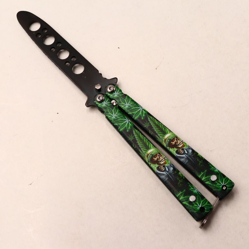 Sport si Outdoor - Camping - Cutite, bricege si accesorii - Cutite si bricege - Cutit Fluture Fara Tais, Model Canabis Pentru Antrenament, 17 Cm, Verde - Infinity.ro