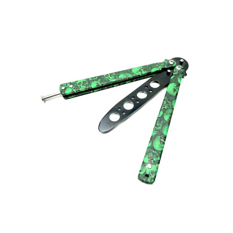 Sport si Outdoor - Camping - Cutite, bricege si accesorii - Cutite si bricege - Cutit fluture Butterfly, Balisong 22 cm, verde, cranii, fara tais, de antrenament - Infinity.ro