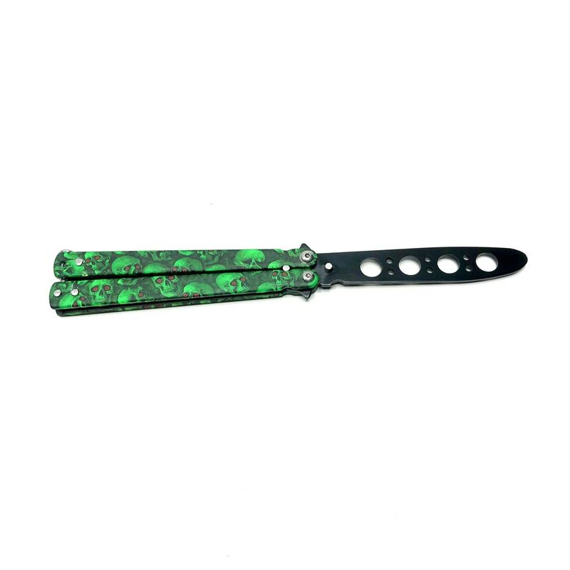 Sport si Outdoor - Camping - Cutite, bricege si accesorii - Cutite si bricege - Cutit fluture Butterfly, Balisong 22 cm, verde, cranii, fara tais, de antrenament - Infinity.ro