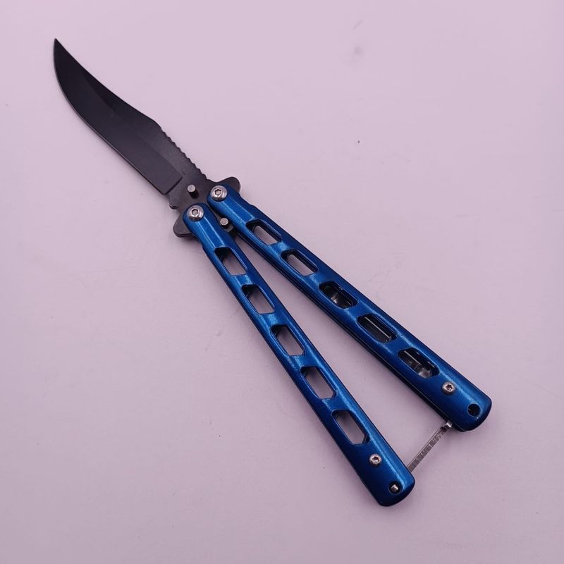 Sport si Outdoor - Camping - Cutite, bricege si accesorii - Cutite si bricege - Cutit Fluture cu Tais, Model Gauri, Lama Curbata, Sistem Prindere Curea, 22 cm, Albastru - Infinity.ro