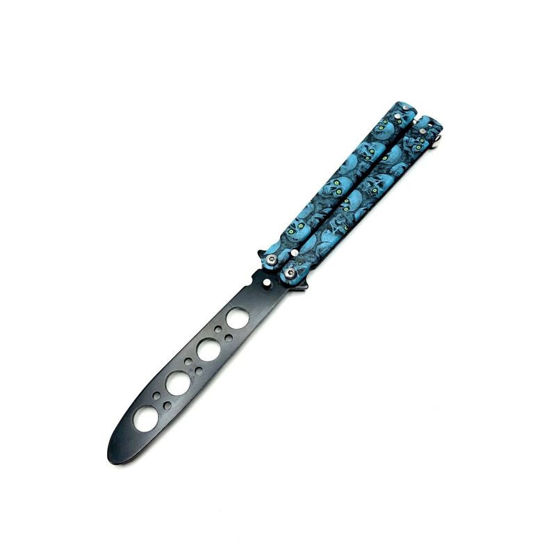 Sport si Outdoor - Camping - Cutite, bricege si accesorii - Cutite si bricege - Cutit fluture Butterfly, Balisong 22 cm, albastru, cranii, fara tais, de antrenament - Infinity.ro
