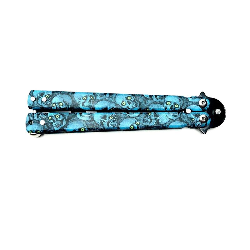 Sport si Outdoor - Camping - Cutite, bricege si accesorii - Cutite si bricege - Cutit fluture Butterfly, Balisong 22 cm, albastru, cranii, fara tais, de antrenament - Infinity.ro