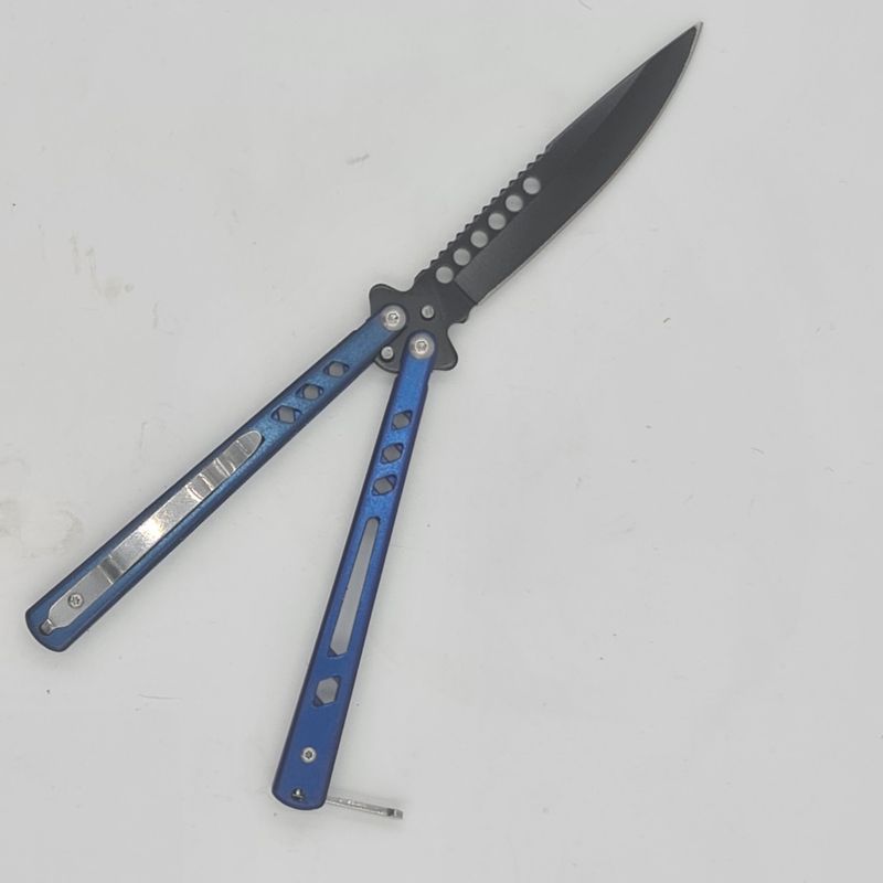 Sport si Outdoor - Camping - Cutite, bricege si accesorii - Cutite si bricege - Cutit fluture cu tais, 22 cm, albastru gauri - Infinity.ro
