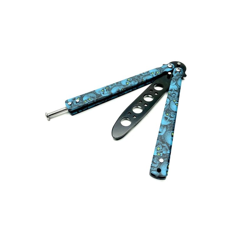 Sport si Outdoor - Camping - Cutite, bricege si accesorii - Cutite si bricege - Cutit fluture Butterfly, Balisong 22 cm, albastru, cranii, fara tais, de antrenament - Infinity.ro