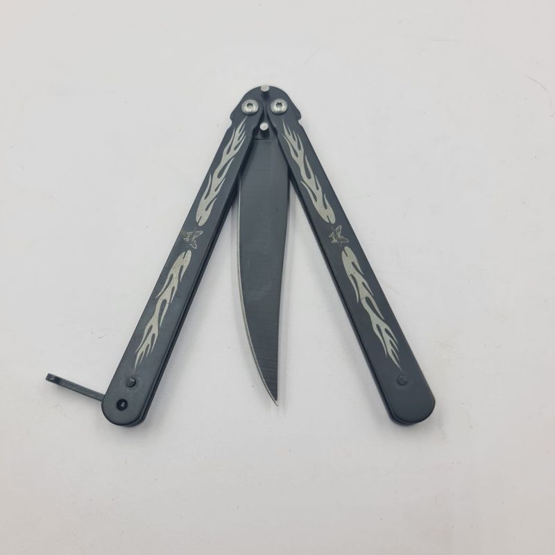 Sport si Outdoor - Camping - Cutite, bricege si accesorii - Cutite si bricege - Cutit Fluture cu Tais, Model Flacara, 21 cm, Negru - Infinity.ro