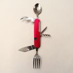 Sport si Outdoor - Camping - Cutite, bricege si accesorii - Cutite si bricege - Cutit briceag detasabil, cu 6 functii lingura furculita, rosu, 25 cm - Infinity.ro