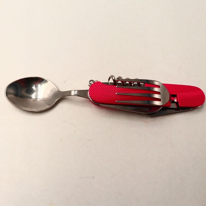 Sport si Outdoor - Camping - Cutite, bricege si accesorii - Cutite si bricege - Cutit briceag detasabil, cu 6 functii lingura furculita, rosu, 25 cm - Infinity.ro