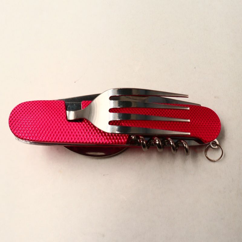 Sport si Outdoor - Camping - Cutite, bricege si accesorii - Cutite si bricege - Cutit briceag detasabil, cu 6 functii lingura furculita, rosu, 25 cm - Infinity.ro