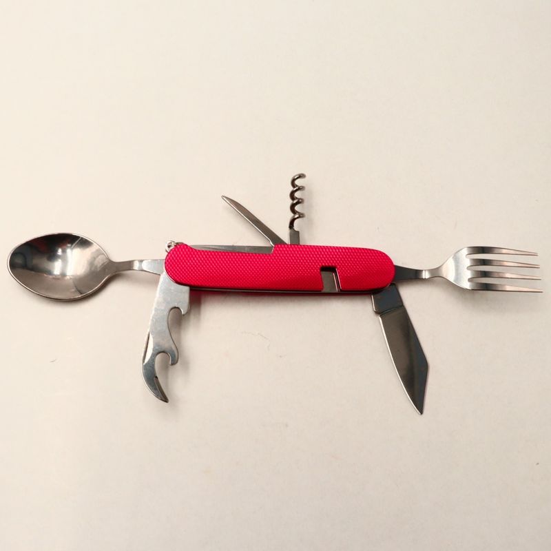 Sport si Outdoor - Camping - Cutite, bricege si accesorii - Cutite si bricege - Cutit briceag detasabil, cu 6 functii lingura furculita, rosu, 25 cm - Infinity.ro