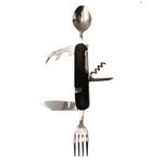 Sport si Outdoor - Camping - Cutite, bricege si accesorii - Cutite si bricege - Cutit briceag detasabil, cu 6 functii lingura furculita, negru, 25 cm - Infinity.ro