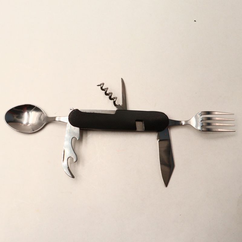 Sport si Outdoor - Camping - Cutite, bricege si accesorii - Cutite si bricege - Cutit briceag detasabil, cu 6 functii lingura furculita, negru, 25 cm - Infinity.ro