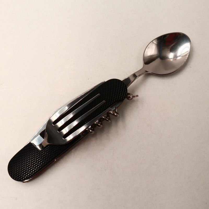 Sport si Outdoor - Camping - Cutite, bricege si accesorii - Cutite si bricege - Cutit briceag detasabil, cu 6 functii lingura furculita, negru, 25 cm - Infinity.ro