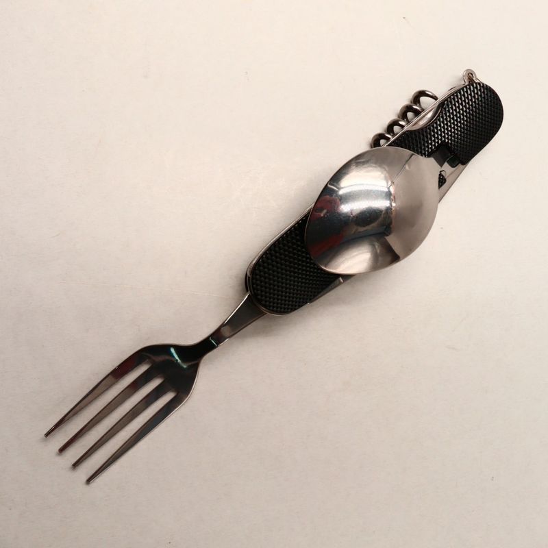 Sport si Outdoor - Camping - Cutite, bricege si accesorii - Cutite si bricege - Cutit briceag detasabil, cu 6 functii lingura furculita, negru, 25 cm - Infinity.ro
