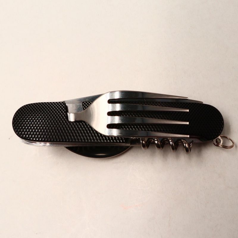 Sport si Outdoor - Camping - Cutite, bricege si accesorii - Cutite si bricege - Cutit briceag detasabil, cu 6 functii lingura furculita, negru, 25 cm - Infinity.ro