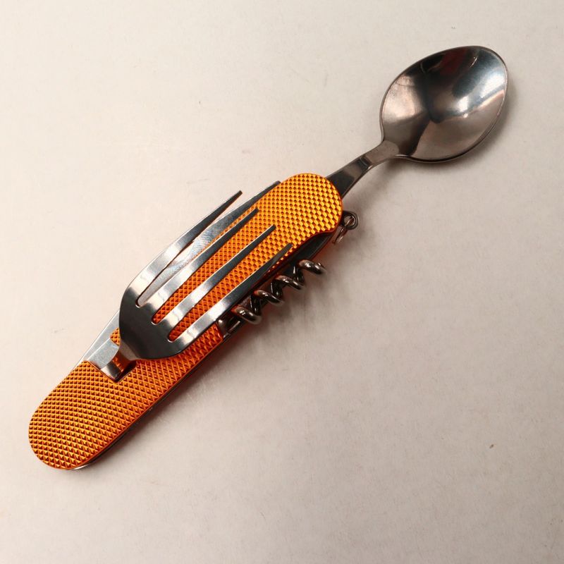 Sport si Outdoor - Camping - Cutite, bricege si accesorii - Cutite si bricege - Cutit briceag detasabil, cu 6 functii lingura furculita, auriu, 25 cm - Infinity.ro