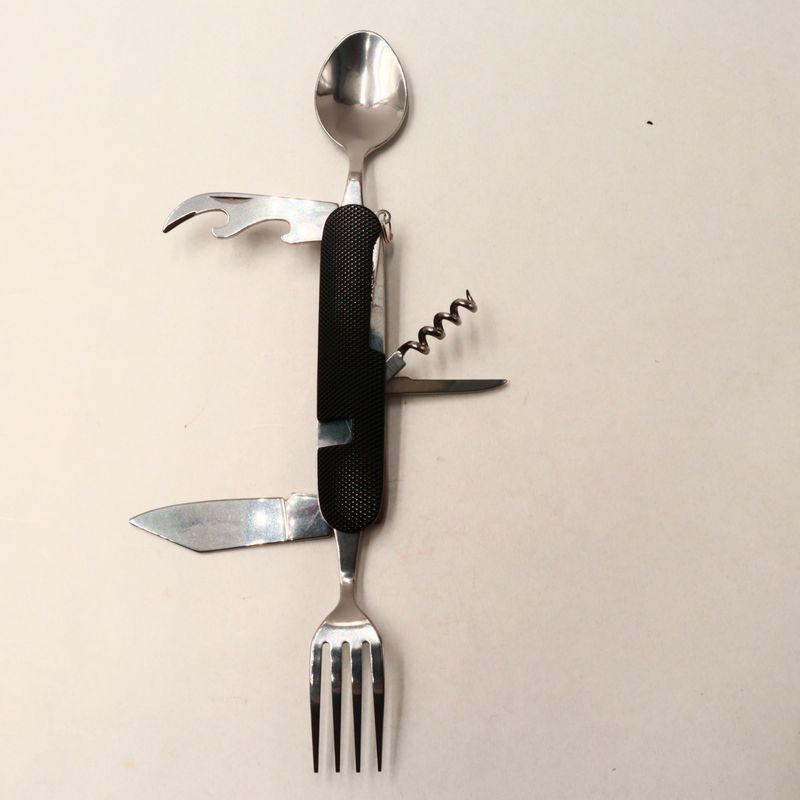 Sport si Outdoor - Camping - Cutite, bricege si accesorii - Cutite si bricege - Cutit briceag detasabil, cu 6 functii lingura furculita, negru, 25 cm - Infinity.ro