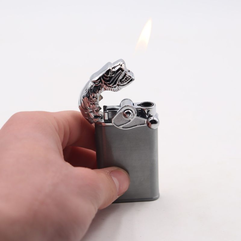 Market - Tutun si tigari - Articole si accesorii tutun - Bricheta Modulara, Cap de Tigru, Doua Flacari, Gri, 8 cm - Infinity.ro