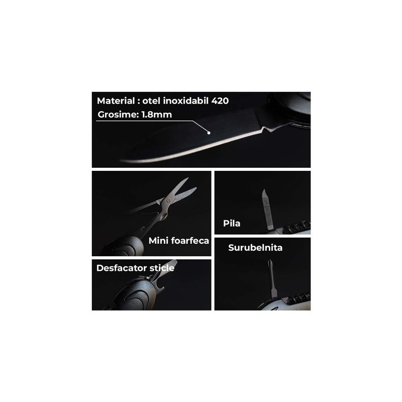Sport si Outdoor - Camping - Cutite, bricege si accesorii - Cutite si bricege - Briceag Multifunctional, Prindere Breloc , 10 in 1, Negru, 9.6X3.1x2cm - Infinity.ro