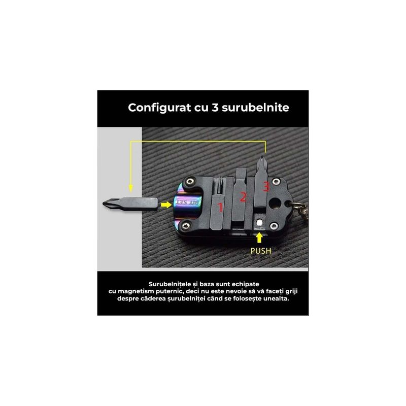 Sport si Outdoor - Camping - Cutite, bricege si accesorii - Cutite si bricege - Briceag Pliabil Multifunctional, Tip Breloc, 3 Surubelnite, Negru - Infinity.ro