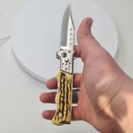 Sport si Outdoor - Camping - Cutite, bricege si accesorii - Cutite si bricege - Briceag model romburi, deschidere automata pe buton, imitatie os, 20 x 4 cm - Infinity.ro