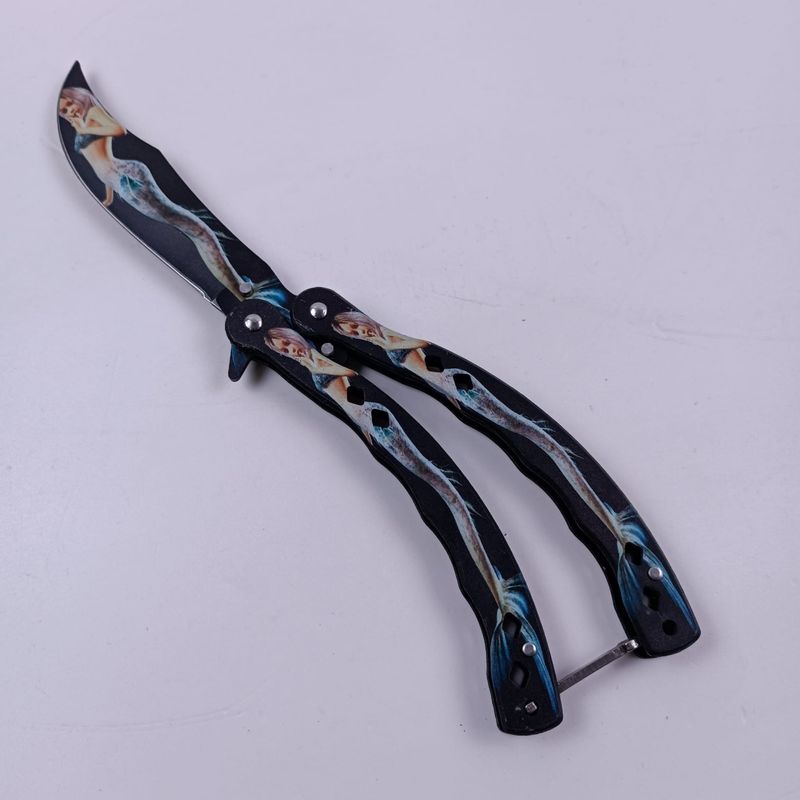 Sport si Outdoor - Camping - Cutite, bricege si accesorii - Cutite si bricege - Briceag Fluture cu Tais, Model Sirena, Curbat, Otel, 22 cm, Multicolor - Infinity.ro