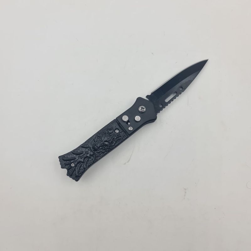 Sport si Outdoor - Camping - Cutite, bricege si accesorii - Cutite si bricege - Briceag Cap in Flacari, Deschidere Automata, Prindere Curea, Otel, Negru, 16 cm - Infinity.ro