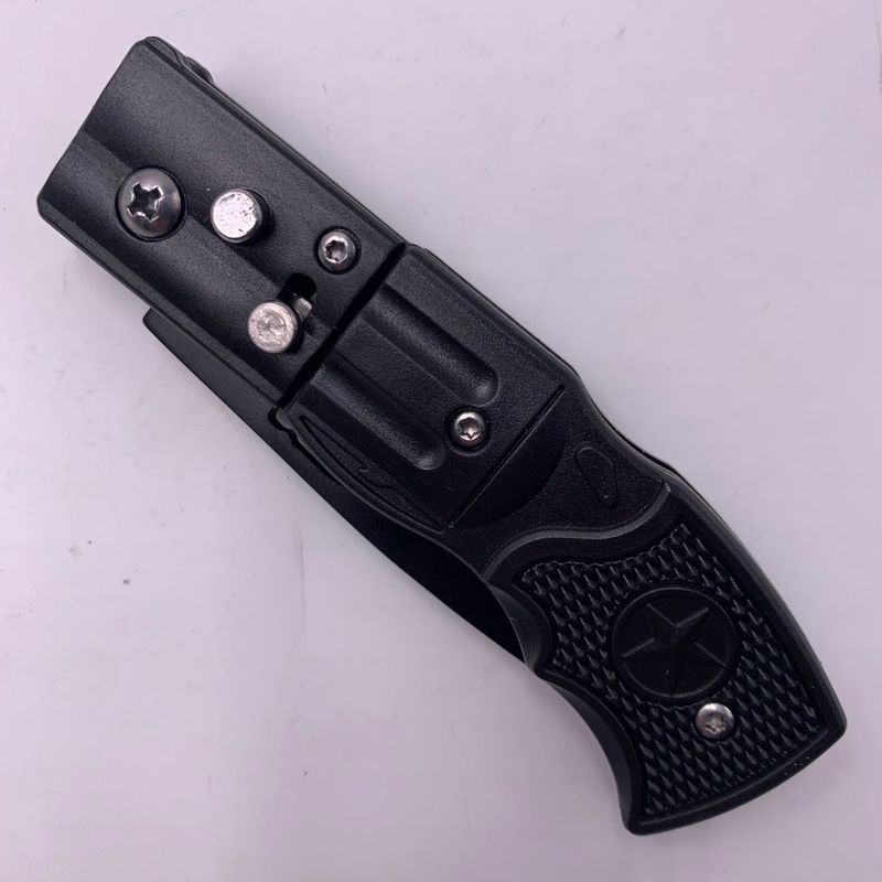 Sport si Outdoor - Camping - Cutite, bricege si accesorii - Cutite si bricege - Briceag Automat, Model Revolver, Negru, Lama Otel, Sistem Prindere la Curea, 17 cm - Infinity.ro