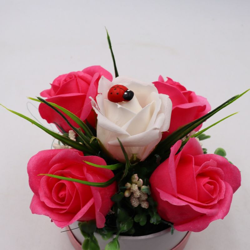 Market - Cadouri - Flori si aranjamente - Aranjament Floral, Cutie Trandafiri,  4 Trandafiri Roz din Sapun si unul Alb - Infinity.ro