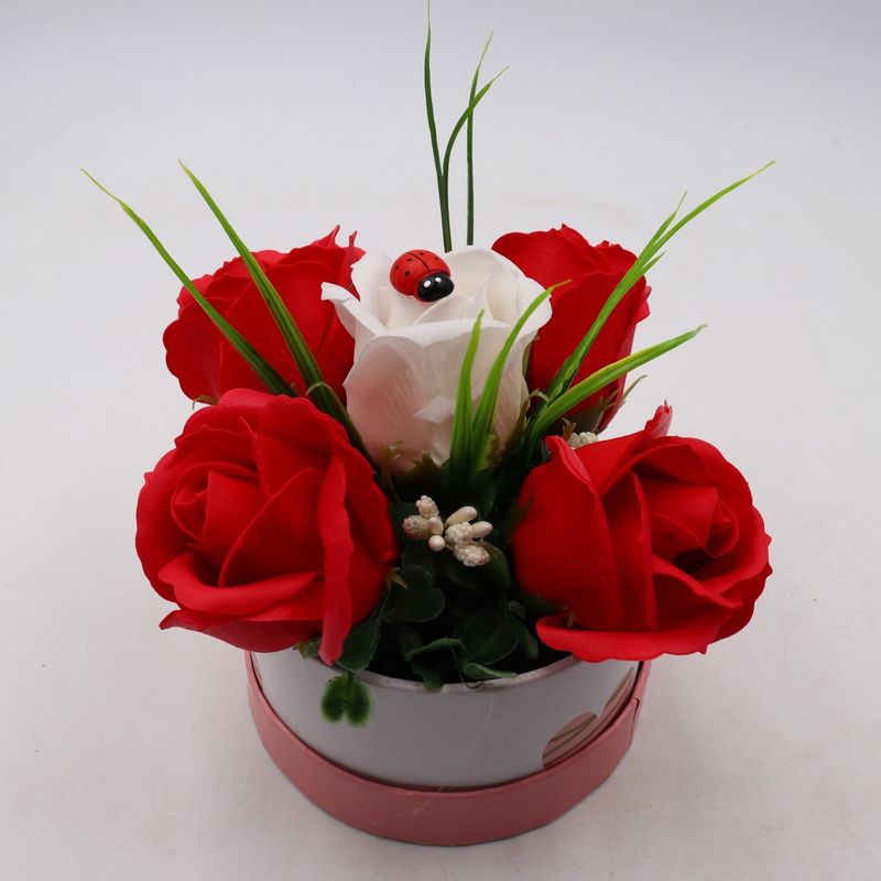 Market - Cadouri - Flori si aranjamente - Aranjament Floral, Cutie Trandafiri,  4 Trandafiri Rosii din Sapun si unul Alb - Infinity.ro