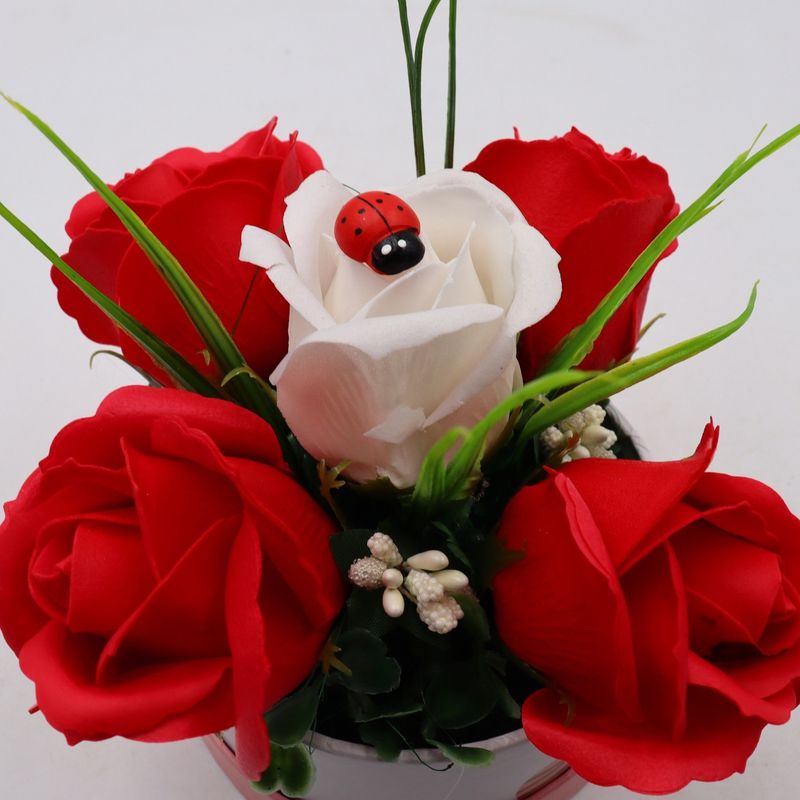 Market - Cadouri - Flori si aranjamente - Aranjament Floral, Cutie Trandafiri,  4 Trandafiri Rosii din Sapun si unul Alb - Infinity.ro