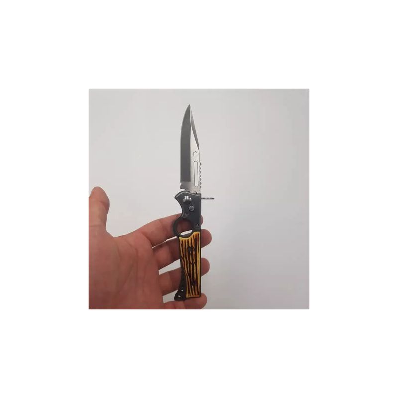 Sport si Outdoor - Camping - Cutite, bricege si accesorii - Cutite si bricege - Cutit briceag buton si inel, 20 cm, imitatie os, husa - Infinity.ro