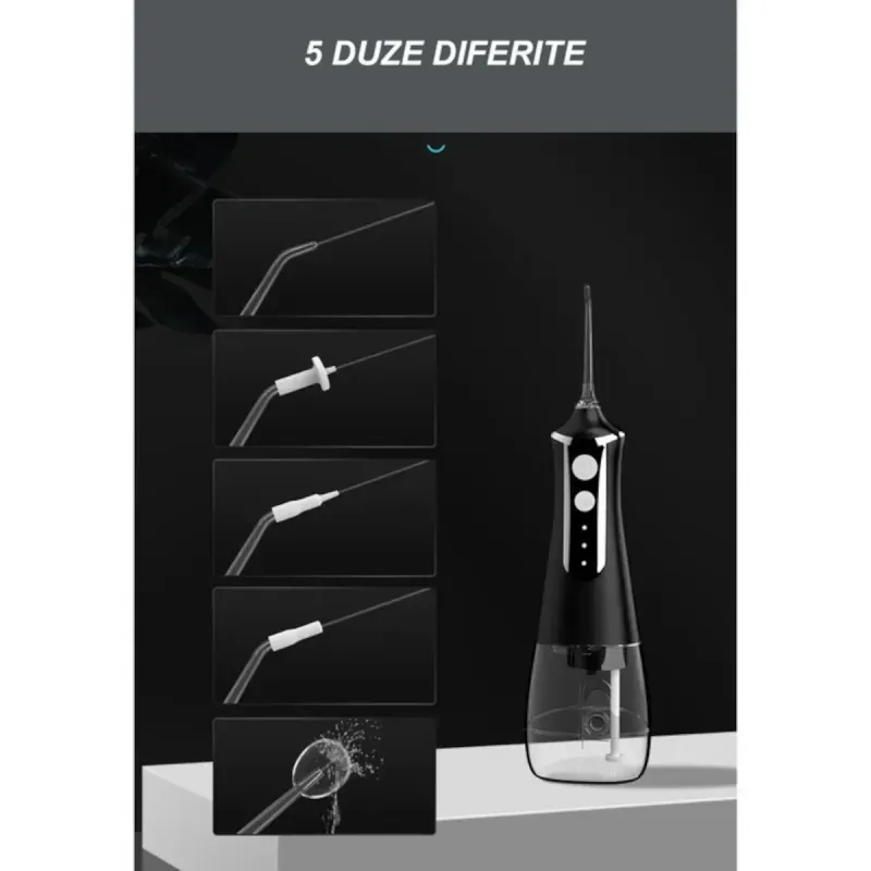 Ingrijire personala si Cosmetice - Igiena dentara - Irigatoare bucale - Irigator bucal L-10, dus bucal pentru curatare dinti, 300 ml, IPX6, 5 duze, Negru ABYZ - Infinity.ro