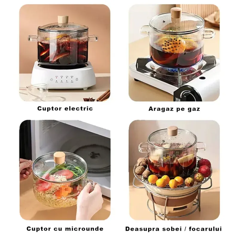 Casa si Gradina - Bucatarie si vesela - Vase pentru gatit - Oale si cratite - Oala din sticla termorezistenta ABYZ 1.8L, pentru plita pe gaz si electrica, culoare Transparent - Infinity.ro