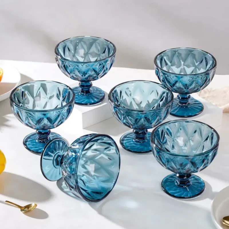 Casa si Gradina - Bucatarie si vesela - Vesela si tacamuri - Vesela desert - Set 6 cupe inghetata din sticla Bleu, 300 ml, model fatetat elegant, ideale pentru deserturi, fructe si servire premium - Infinity.ro