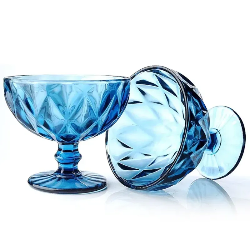 Casa si Gradina - Bucatarie si vesela - Vesela si tacamuri - Vesela desert - Set 6 cupe inghetata din sticla Bleu, 300 ml, model fatetat elegant, ideale pentru deserturi, fructe si servire premium - Infinity.ro