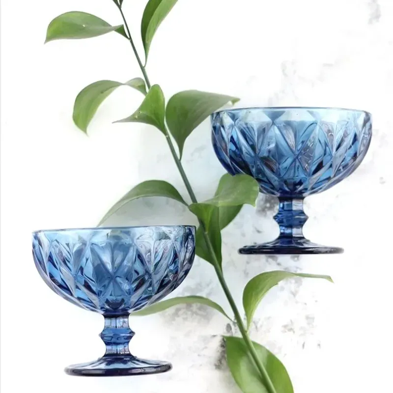 Casa si Gradina - Bucatarie si vesela - Vesela si tacamuri - Vesela desert - Set 6 cupe inghetata din sticla Bleu, 300 ml, model fatetat elegant, ideale pentru deserturi, fructe si servire premium - Infinity.ro