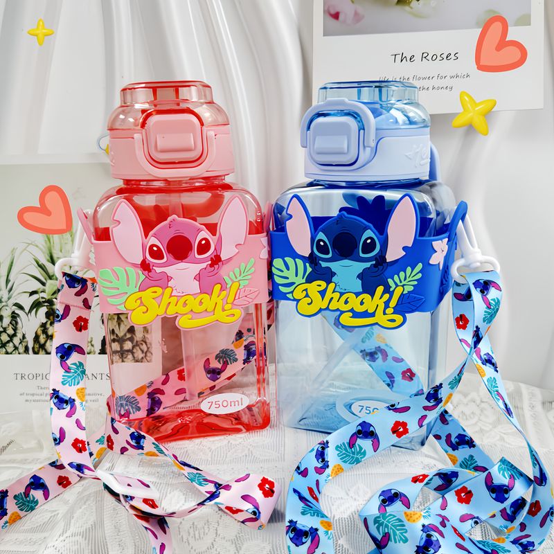 Casa si Gradina - Bucatarie si vesela - Cani si pahare - Sticle - Sticla Copii cu Capac Flip si Maner, Model de genul Stitch, Verde, 750 ml - Infinity.ro