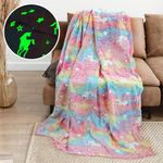 Casa si Gradina - Textile si covoare - Pături și cuverturi - Pături - Patura Pufoasa si Magica, Imprimeu Glow in the Dark, Unicorni, Roz Curcubeu, 185cm x 100cm - Infinity.ro