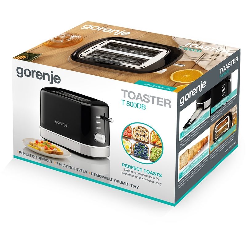 Electronice si Electrocasnice - Electrocasnice bucatarie - Preparare paine - Prajitoare de paine - Prajitor de paine GORENJE T800DB, 2 felii, 800W, negru-argintiu - Infinity.ro