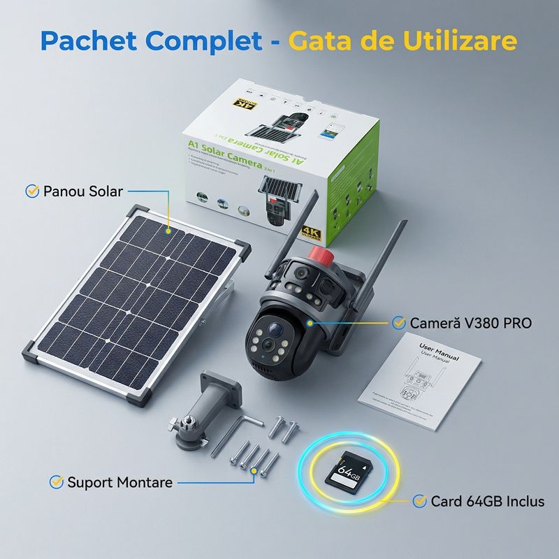 Casa si Gradina - Electrice - Smart Home - Camere de supraveghere - Camera de supraveghere cu panou solar V380 PRO, Conectivitate Wifi, PTZ Rotativ, 12MP 4K Ultra HD - Infinity.ro